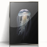 Framed wall art collection showcasing a vibrant jellyfish design in shades of blue and purple, set in a sleek silver frame, ideal for marine-themed decor.