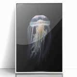 Framed wall art featuring an intricate jellyfish design in vibrant colors, displayed in an elegant white frame, perfect for marine-themed decor.