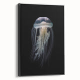 Framed canvas wall art showcasing a vibrant jellyfish design in shades of blue and purple, set against a sleek black frame, ideal for marine-themed decor.