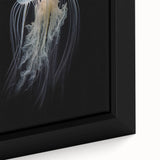 Close-up of a vibrant jellyfish design in a framed canvas wall art piece, showcasing intricate details and luminous colors, perfect for marine life enthusiasts.