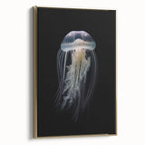 Framed wall art showcasing a colorful jellyfish design with gold accents, elegantly presented from the side in a modern home decor setting. Ideal for marine life enthusiasts.