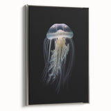 Framed wall art featuring a stunning jellyfish design in vibrant colors, set against a silver frame, perfect for marine-themed decor. Ideal for ocean lovers and art enthusiasts.