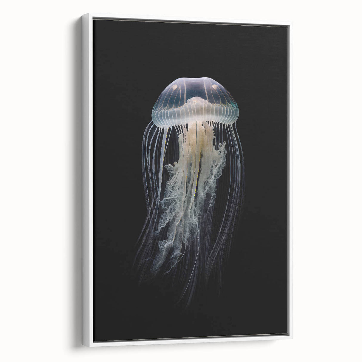 Framed canvas wall art featuring a vibrant jellyfish design in blue and purple tones, showcasing marine life aesthetics, perfect for ocean-themed decor.