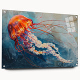 Colorful acrylic glass wall art featuring a jellyfish design, showcasing marine life in vibrant hues. Ideal for ocean-themed decor, it includes mounting pins for easy installation.