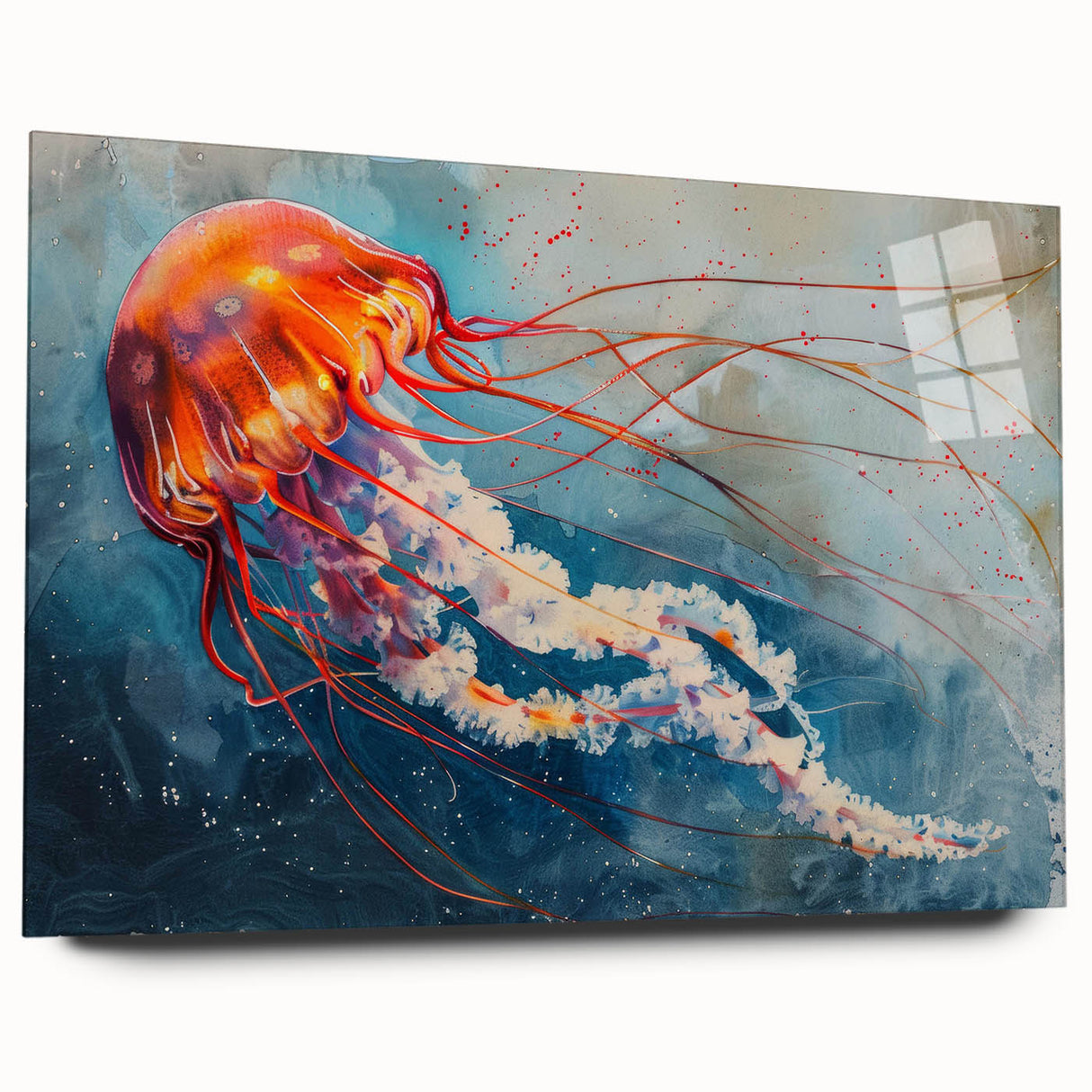 Colorful wall art featuring a vibrant jellyfish design on acrylic glass, showcasing intricate details and a side view without pins, perfect for marine life enthusiasts.
