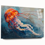 Colorful wall art featuring a vibrant jellyfish design on acrylic glass, showcasing intricate details and a side view without pins, perfect for marine life enthusiasts.
