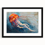 Framed wall art showcasing a vibrant jellyfish design in shades of blue and purple, set against a sleek black mat, perfect for marine life enthusiasts.