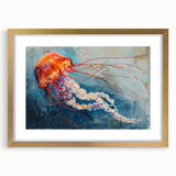 Elegant wall art featuring a vibrant jellyfish design in shades of blue and gold, framed with a matte finish, perfect for marine life-themed decor.