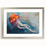 Elegant wall art featuring a striking marine life jellyfish design, framed in a sleek silver frame with a mat, perfect for modern home decor. Ideal for ocean lovers.