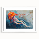 Framed wall art collection featuring a vibrant jellyfish design in shades of blue and purple, elegantly displayed with a white mat for a modern touch. Perfect for marine life enthusiasts.