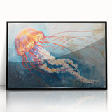 Framed wall art featuring a vibrant jellyfish design in shades of blue and purple, set against a sleek black frame, perfect for marine-themed decor.