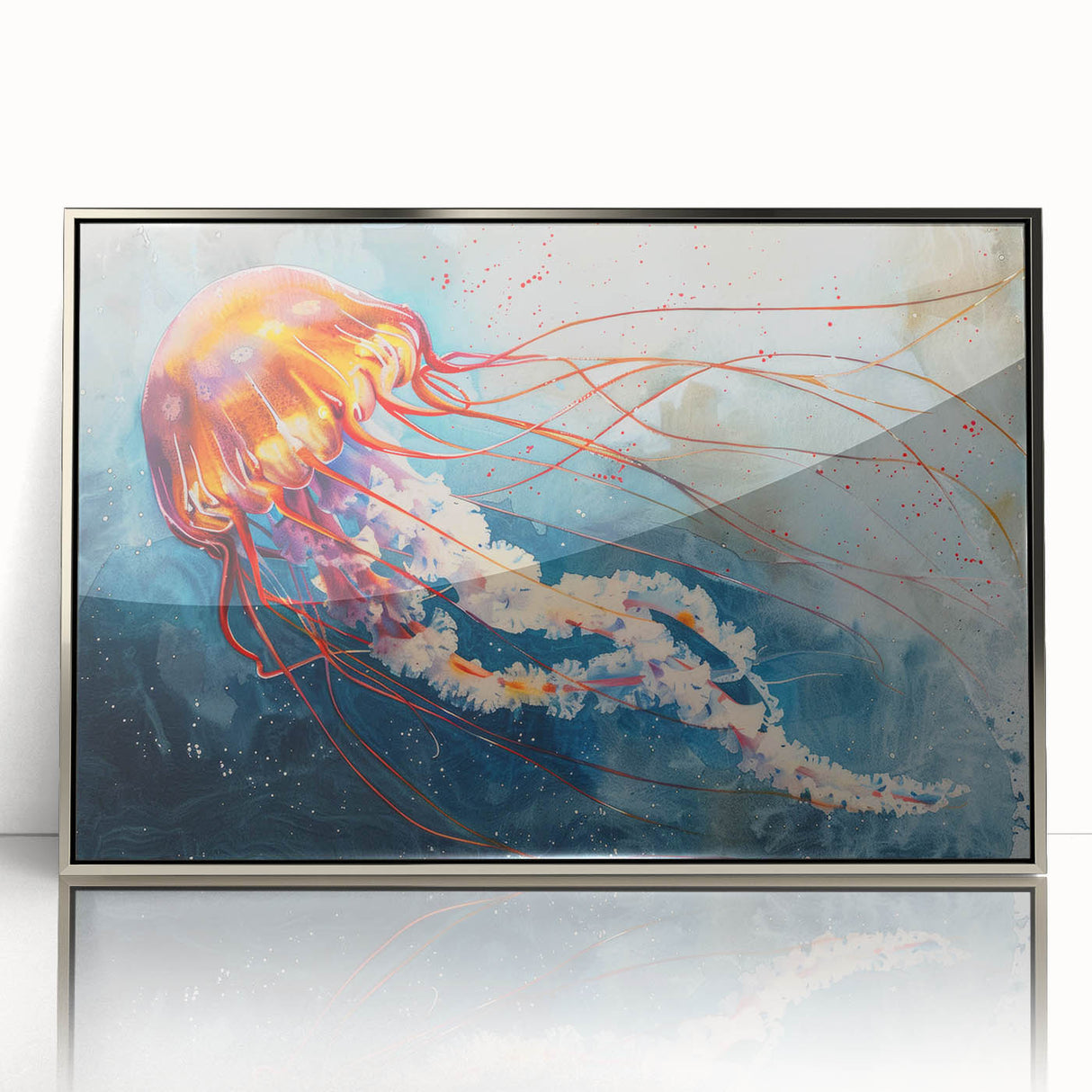 Framed acrylic wall art showcasing a vibrant jellyfish design in hues of blue and purple, perfect for marine life enthusiasts and modern decor.