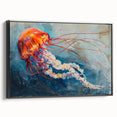 Framed wall art featuring a vibrant jellyfish design in shades of blue and purple, showcased from a black side view perspective, perfect for marine-themed decor.
