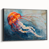 Framed wall art featuring a vibrant jellyfish design in shades of blue and purple, showcased from a black side view perspective, perfect for marine-themed decor.