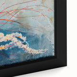 Close-up of a framed canvas wall art featuring a vibrant jellyfish design in rich blues and purples, showcasing intricate details and textures, perfect for marine life enthusiasts.