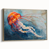 Framed wall art showcasing a vibrant jellyfish design in shades of blue and gold, perfect for marine life enthusiasts, enhancing any room's decor.