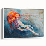 Framed wall art featuring a stunning jellyfish design in vibrant blue and white hues, showcasing marine life in an elegant presentation, perfect for aquatic-themed decor.
