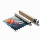 Colorful jellyfish wall art print showcasing intricate marine life designs, perfect for ocean-themed decor. Printed on high-quality material, ideal for home or office.