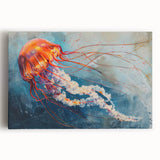 Vibrant jellyfish wall art design on stretched canvas, showcasing intricate details and vivid colors, perfect for marine life enthusiasts and home decor.