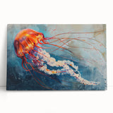 Vibrant jellyfish wall art design on stretched canvas, showcasing colorful marine life in an aquatic setting, perfect for ocean-themed decor.