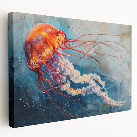 Stretched canvas wall art showcasing a vibrant jellyfish design in shades of blue and purple, perfect for marine life enthusiasts and modern decor.