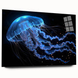 Vibrant jellyfish wall art collection displayed in acrylic glass, showcasing intricate marine life design with colorful details and a sleek side view without pins.