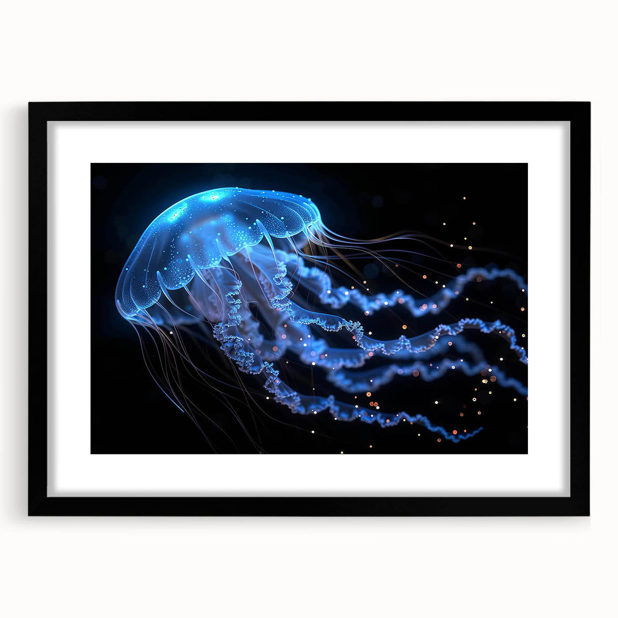 Black-framed wall art showcasing a vibrant jellyfish design, elegantly matted for added depth, perfect for marine life enthusiasts and modern decor.