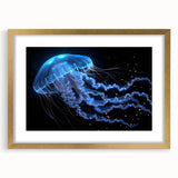 Elegant wall art featuring a stunning jellyfish design in vibrant blues and purples, framed with a gold mat, perfect for marine-themed decor. Ideal for ocean lovers and art collectors.