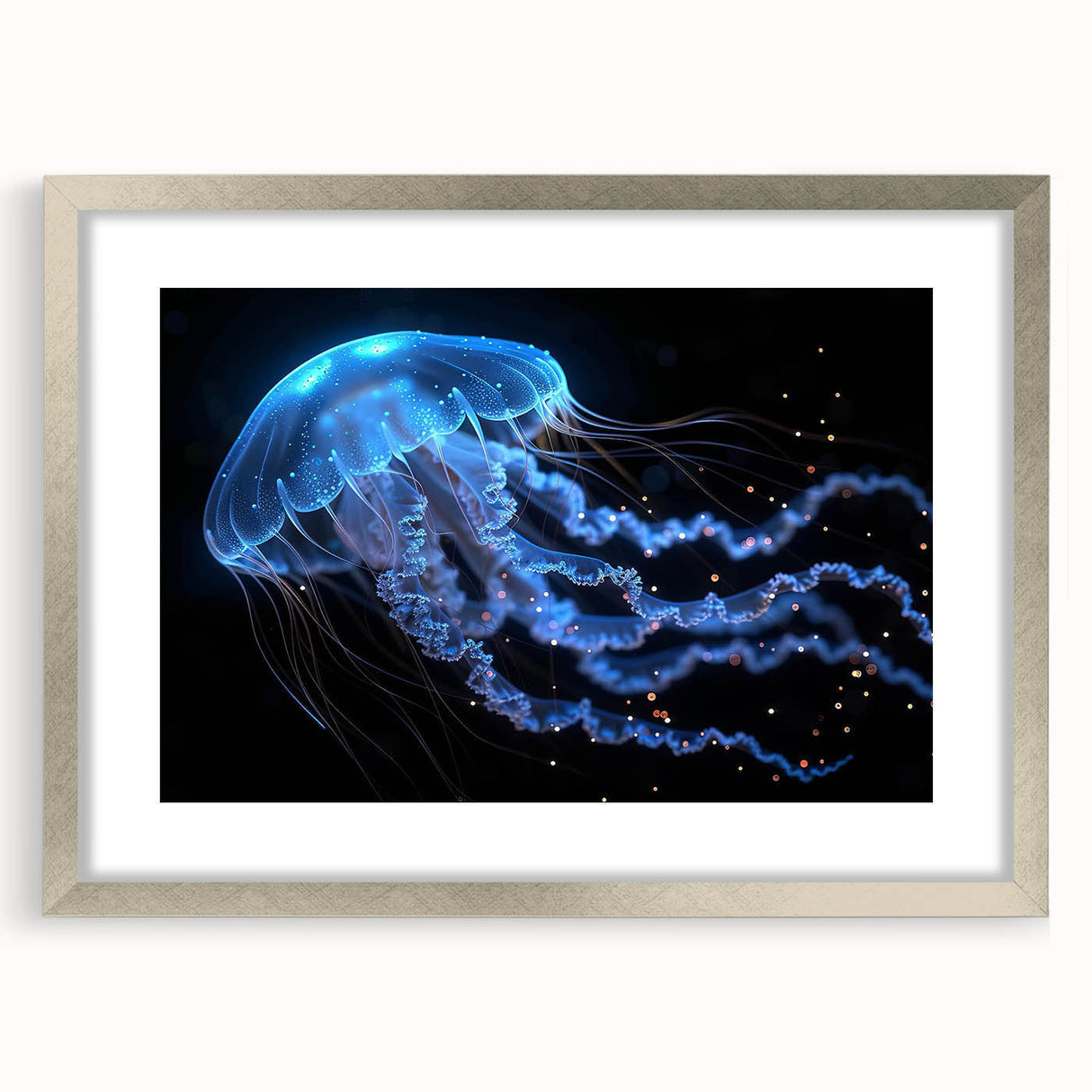 Framed wall art showcasing a stunning jellyfish design in vibrant colors, set in a sleek silver frame with a white mat, perfect for marine-themed decor.