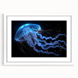 White-framed wall art featuring a vibrant jellyfish design in a marine life theme, showcasing intricate details and colorful hues, perfect for ocean-inspired decor.
