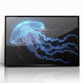 Framed acrylic wall art displaying a vibrant jellyfish design in shades of blue and purple, set against a sleek black background, perfect for marine life enthusiasts.