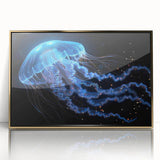 Framed wall art showcasing a vibrant jellyfish design, with an acrylic front and gold accents, perfect for marine life enthusiasts and modern decor.