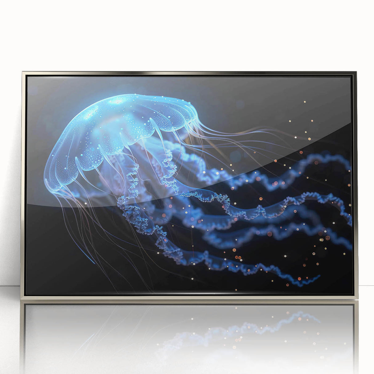 Framed wall art collection showcasing a vibrant jellyfish design in shades of blue and purple, featuring a sleek silver frame, ideal for marine-themed decor.