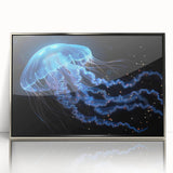 Framed wall art collection showcasing a vibrant jellyfish design in shades of blue and purple, featuring a sleek silver frame, ideal for marine-themed decor.