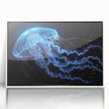 Framed wall art collection showcasing a vibrant jellyfish design in acrylic, featuring a white frame that enhances the marine life theme, ideal for ocean-inspired decor.