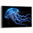 Framed wall art featuring a striking jellyfish design with vibrant colors on a black background, showcasing marine life in a contemporary style. Ideal for ocean-themed decor.