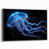 Framed wall art featuring a striking jellyfish design with vibrant colors on a black background, showcasing marine life in a contemporary style. Ideal for ocean-themed decor.