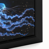 Close-up of a vibrant jellyfish wall art design in a framed canvas, showcasing intricate details and vivid colors, perfect for marine life enthusiasts and home decor.