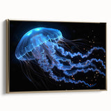 Framed wall art featuring a vibrant jellyfish design with intricate details, set against a gold background, showcasing marine life elegance in modern decor.