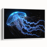 Framed canvas wall art featuring a vibrant jellyfish design in shades of blue and white, showcasing marine life for ocean-themed decor, viewed from the side.