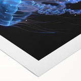 Vibrant jellyfish wall art design on rolled canvas, showcasing intricate marine life details in blues and purples, perfect for ocean-themed decor.