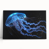 Stretched canvas wall art showcasing a vibrant jellyfish design in deep blues and purples, perfect for marine-life enthusiasts and modern home decor.