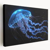 Stretched canvas wall art showcasing a vibrant jellyfish design in shades of blue and purple, perfect for marine life enthusiasts and ocean-themed decor.