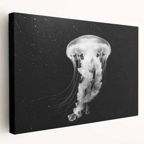 Stretched canvas wall art showcasing a vibrant jellyfish design, featuring intricate details and flowing colors, ideal for marine-themed decor and ocean lovers.