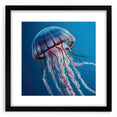 Framed wall art featuring a vibrant jellyfish design in shades of blue and purple, set against a black background, perfect for marine life enthusiasts and modern decor.