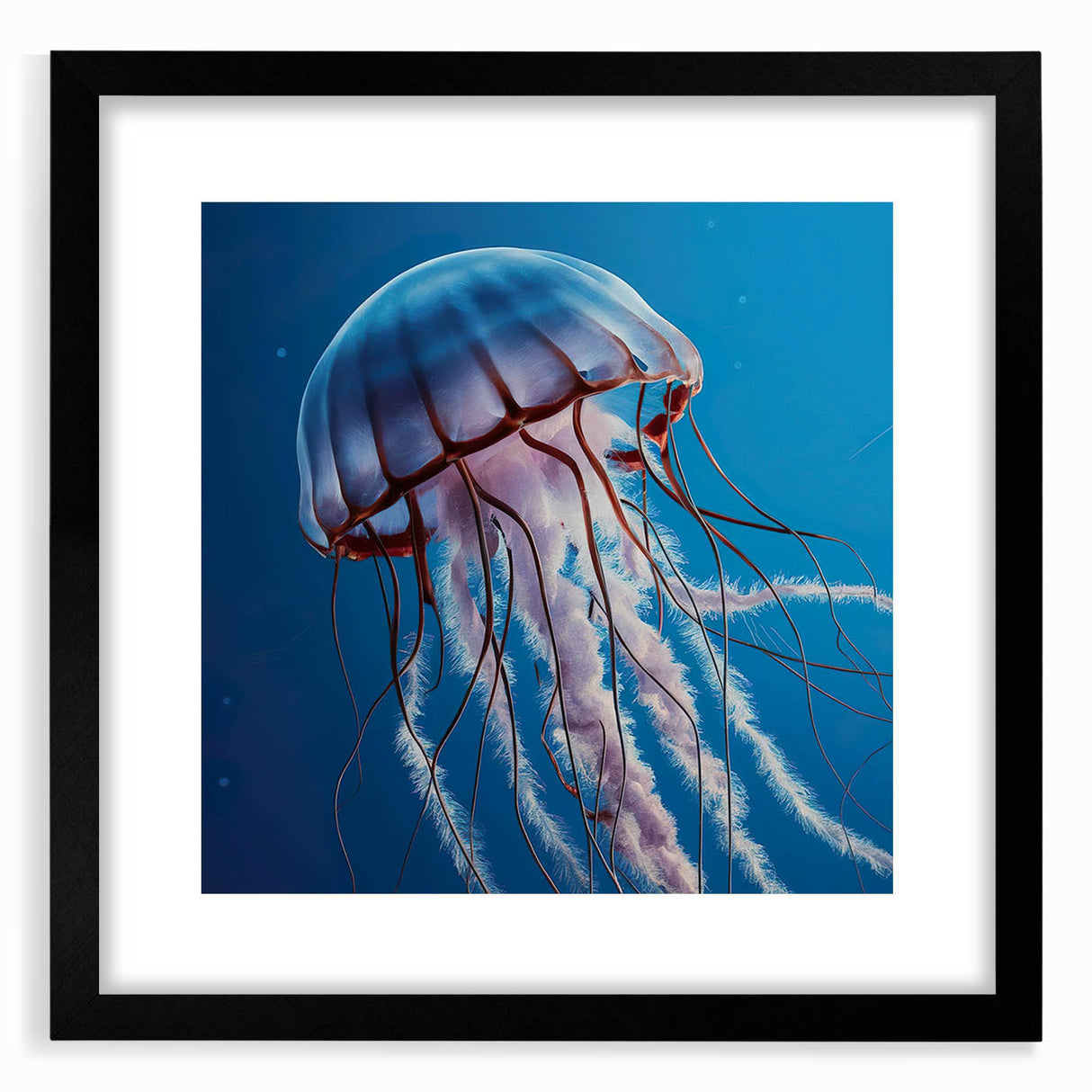 Framed wall art featuring a vibrant jellyfish design in shades of blue and purple, set against a black background, perfect for marine life enthusiasts and modern decor.