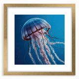 Gold-framed wall art featuring a delicate jellyfish design in vibrant colors, perfect for marine life enthusiasts; elegantly matted for a sophisticated look.