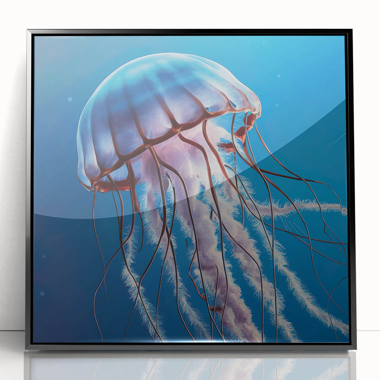 Framed acrylic wall art featuring a vibrant jellyfish design in shades of blue and purple, set against a sleek black frame, ideal for marine life enthusiasts.