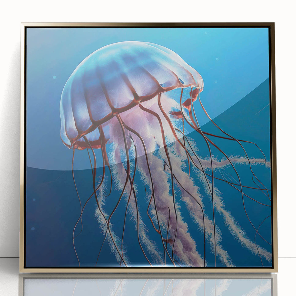Framed wall art featuring a vibrant jellyfish design in shades of blue and gold, showcasing marine life for an elegant home decor accent. Perfect for ocean enthusiasts.