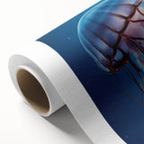 Vibrant rolled canvas featuring a stunning jellyfish design, showcasing intricate details in blue and purple hues, perfect for marine life enthusiasts.